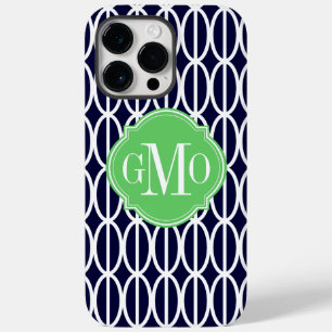 Modern Geometric Navy Blue White Pattern Monogram Case-Mate iPhone 14 Pro Max Hoesje