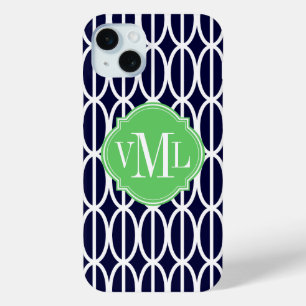 Modern Geometric Navy Blue White Pattern Monogram iPhone 15 Mini Hoesje