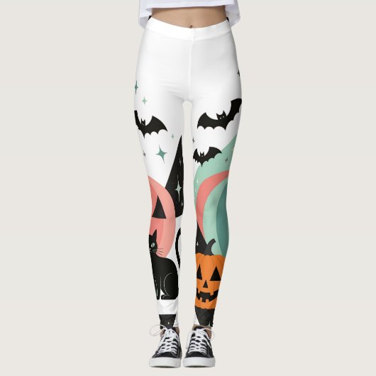 Modern Geometric Pastel Black Cat Pumpkin Leggings (Voorkant)
