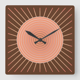 Modern Geometric Sunburst - Peach en Brown Vierkante Klok