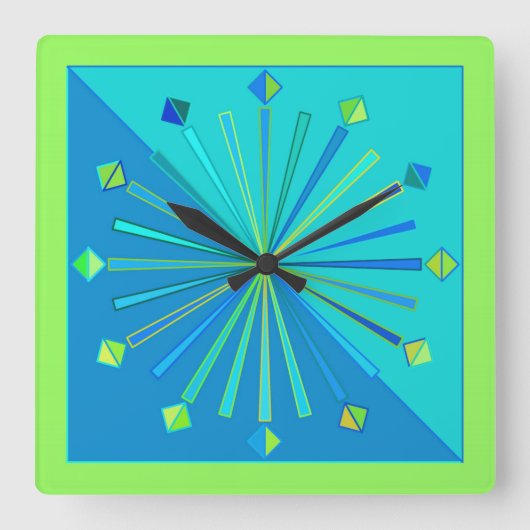 Modern Geometric Sunburst, Turquoise & Lime Green Vierkante Klok (Voorkant)