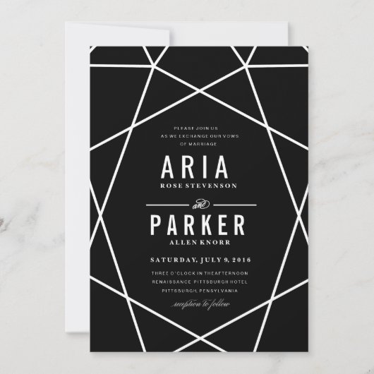 Modern Geometric Wedding Invitation on Black Kaart (Voorkant)