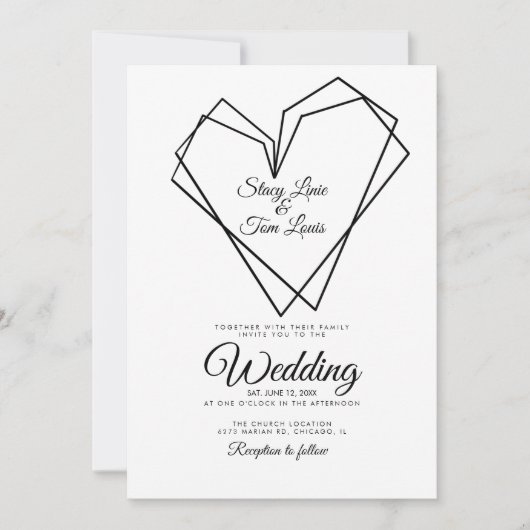 Modern Geometrical Double Hearts Black Wedding Kaart (Voorkant)