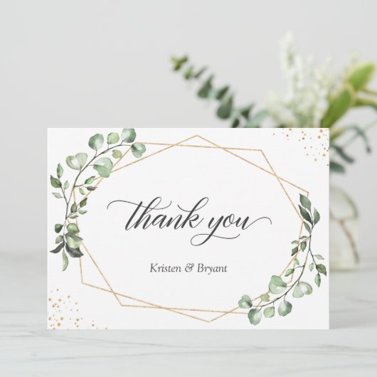 Modern geometrisch goud Lijst eucalyptus bruiloft Bedankkaart (Staand voorkant)