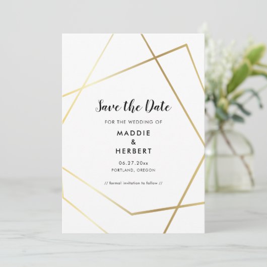 Modern geometrisch goud lijst save the date (Staand voorkant)