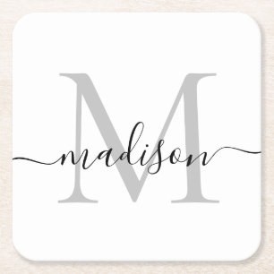 Modern gepersonaliseerd grijs monogram scriptnaam vierkante kartonnen onderzetter