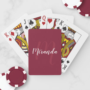 Modern gepersonaliseerd monogram en naam Burgundy Pokerkaarten