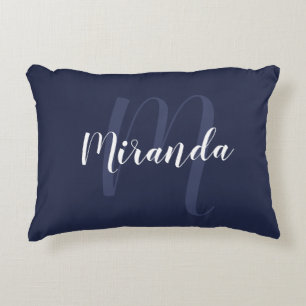 Modern gepersonaliseerd monogram en naam Navy Blue Accent Kussen