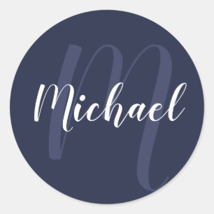 Modern gepersonaliseerd monogram en naam Navy Blue Ronde Sticker