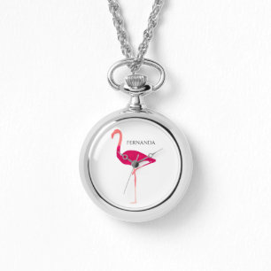 Modern gepersonaliseerd roze grafisch flamingo mot horloge
