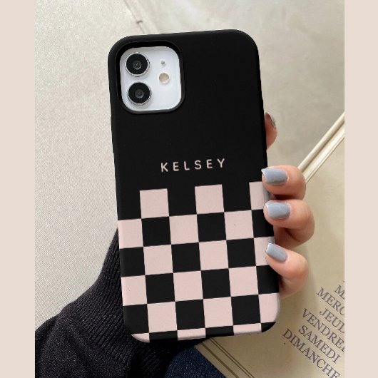 Modern gepersonaliseerd zwart en crème geruit Case-Mate iPhone case
