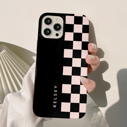Modern gepersonaliseerd zwart en crème geruit Case-Mate iPhone case