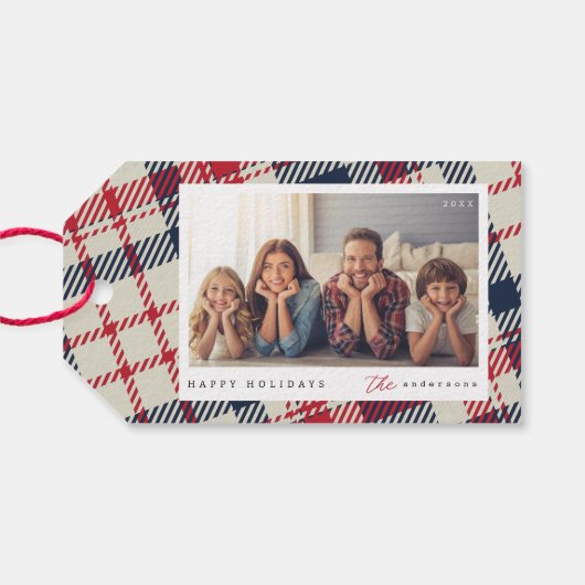 Modern geruite patroon Kerstmis aangepaste familie Cadeaulabel (Achterkant Horizontaal)