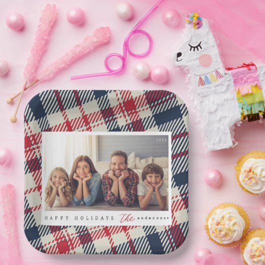 Modern geruite patroon Kerstmis aangepaste familie Papieren Bordje (Feest)