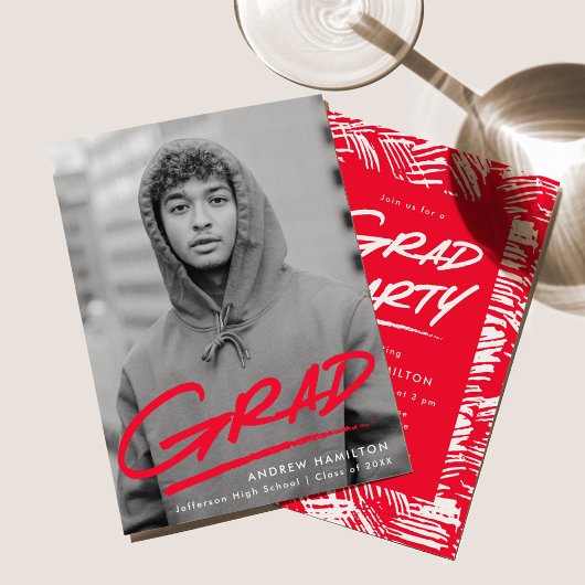 Modern gestreepte rode foto afstudeerfeest kaart