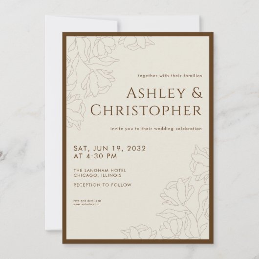 Modern getekende bloemenbruine bruiloft kaart (Voorkant)