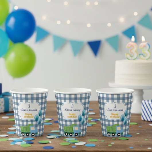 Modern Gingham Blue Construction 3rd Birthday  Papieren Bekers