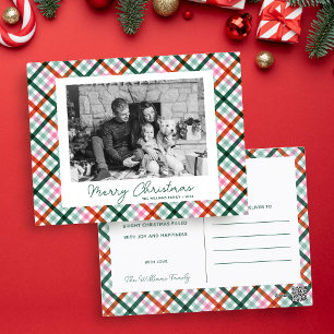 Modern Gingham Familie Foto Prettig Kerstfeest Feestdagenkaart