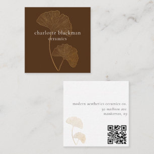 Modern Gingko Leaf QR Code Brown Square Card Vierkante Visitekaartje