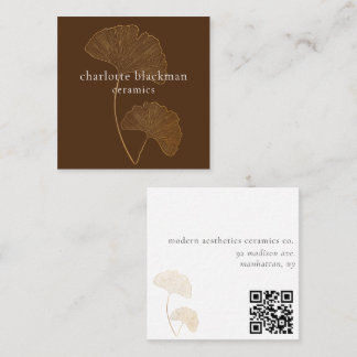 Modern Gingko Leaf QR Code Brown Square Card Vierkante Visitekaartje
