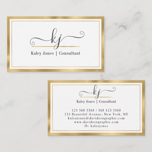 Modern Girly 2 Monogram Script Gold White Business Visitekaartje (Voorkant / Achterkant)