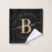 Modern Girly Black Gold Nom Script Monogramme (Gant de toilette)