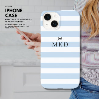 Modern Girly  Blauw Streep Zwart Boog Monogram Case-Mate iPhone 14 Hoesje