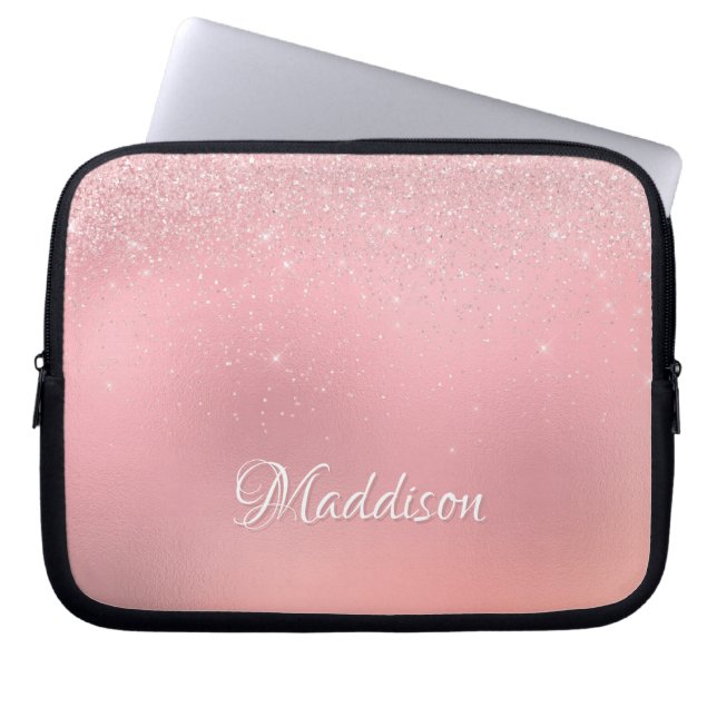 Modern Girly Blush Pink Silver Glitter Laptop Sleeve (Voorkant)
