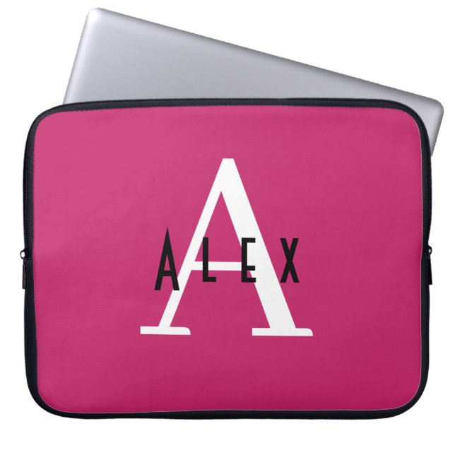 Modern Girly Bright Pink Monogram Initiaal + Naam Laptop Sleeve (Voorkant)