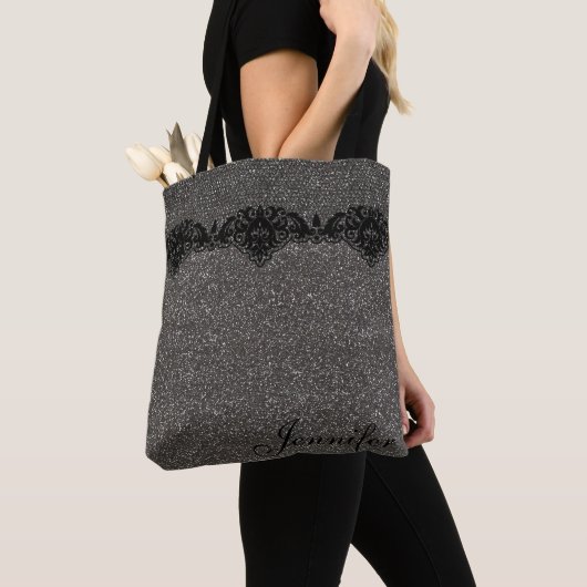 Modern Girly Grey Glitter Black Lace Personalized Draagtas (Dichtbij)