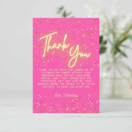 Modern Girly Hot Pink Neon Glow Dank je Script Bedankkaart (Staand voorkant)