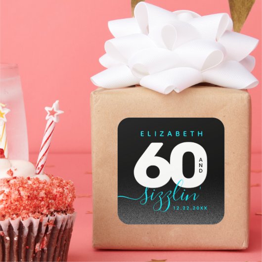 Modern Girly Ice Blue 60 en Sizzling Vierkante Sticker (Feest)