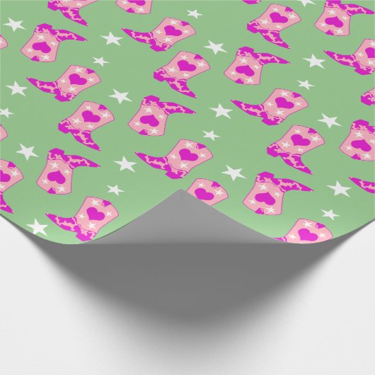 Modern Girly Pink Cowgirl Westerne Boots Green Cadeaupapier (Hoek)