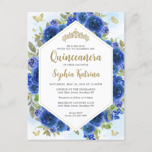 Modern Girly Royal Blue Bloemen Goud Quinceañera Briefkaart