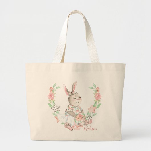 Modern Girly Waterverf Floral Bunny Rabbit Grote Tote Bag (Voorkant)