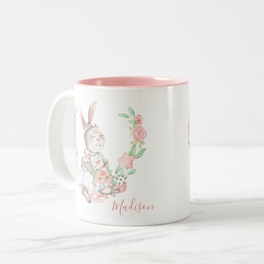 Modern Girly Waterverf Floral Bunny Rabbit Tweekleurige Koffiemok (Voorkant links)