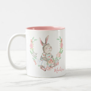 Modern Girly Waterverf Floral Bunny Rabbit Tweekleurige Koffiemok
