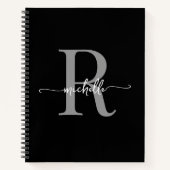 Modern Girly Zwart Grijs Script Monogram Naam Notitieboek (Voorkant)