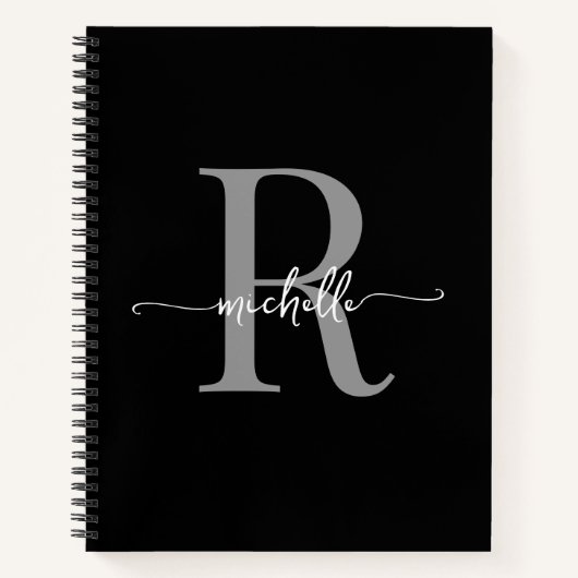 Modern Girly Zwart Grijs Script Monogram Naam Notitieboek (Voorkant)