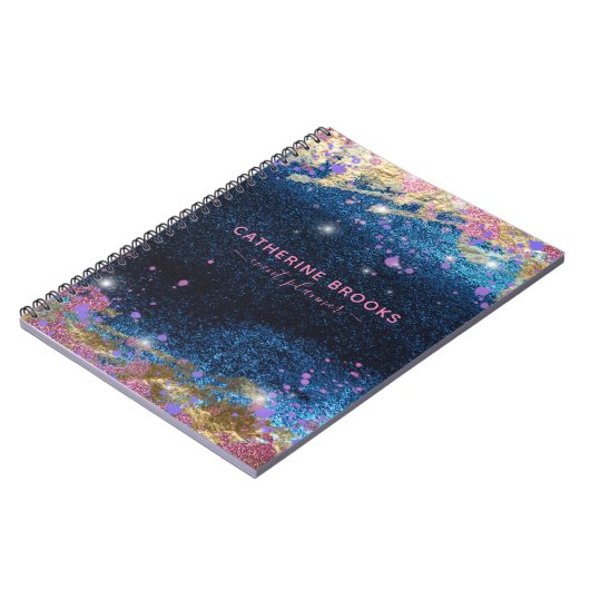 Modern Glam Stylish Blue Glitter Paint Splatter Notitieboek (Linkerzijde)