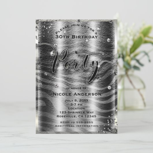 Modern Glam Zwart Wit Zebra & Zilveren Bling Party Kaart (Staand voorkant)