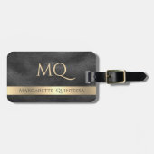 Modern glanzend zwart leder goud monogram reizen bagagelabel (Voorkant horizontaal)