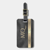 Modern glanzend zwart leder goud monogram reizen bagagelabel (Voorkant verticaal)