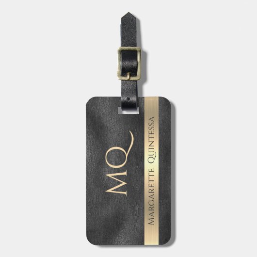 Modern glanzend zwart leder goud monogram reizen bagagelabel (Voorkant verticaal)
