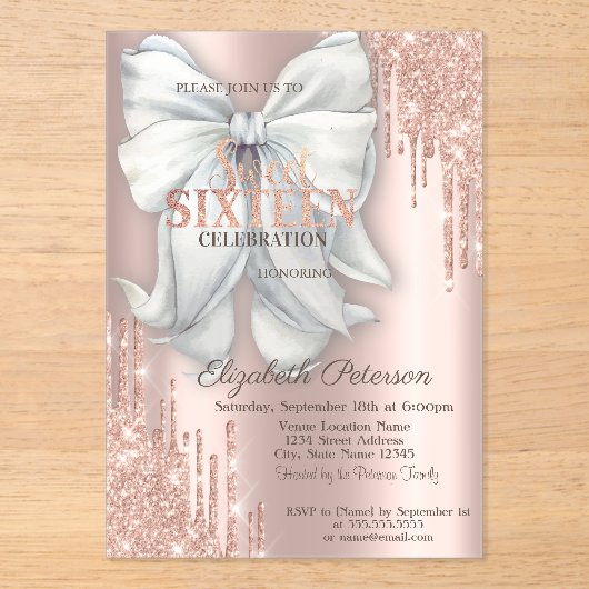 Modern Glitter Drips Bow Rose Gold Sweet 16 Acryl Uitnodigingen (Voorkant)