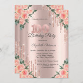 Modern Glitter Drips Floral Roos Gold 100th Kaart (Voorkant / Achterkant)