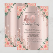 Modern Glitter Drips Floral Roos Gold 40th Kaart (Voorkant / Achterkant)