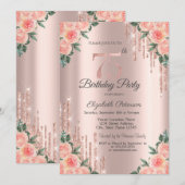 Modern Glitter Drips Floral Roos Gold 75th Kaart (Voorkant / Achterkant)
