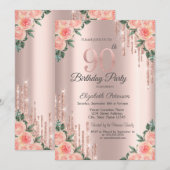 Modern Glitter Drips Floral Roos Gold 90th Kaart (Voorkant / Achterkant)