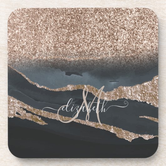 Modern Glitter Marble Monogram Bier Onderzetter (Voorkant)